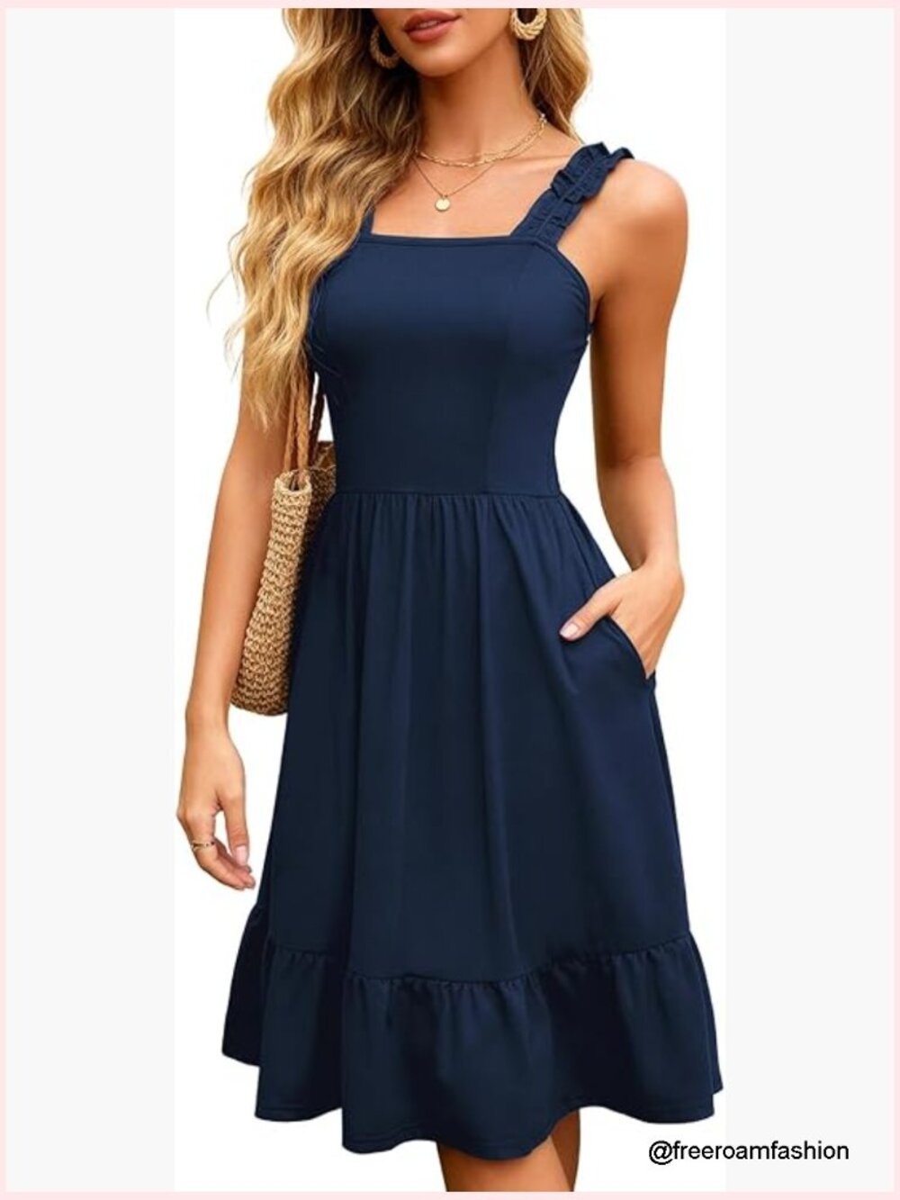 Spaghetti Strap Midi Dress With Pockets, Flowy Boho Summer Casual